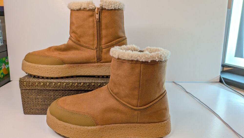 Zara Tan Platform Ankle Boots Shearling Trim Chunky Sole Cozy Fall Shoes Sz 6